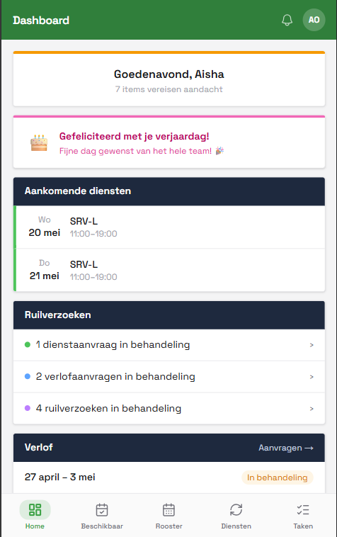 Medewerkers app dashboard
